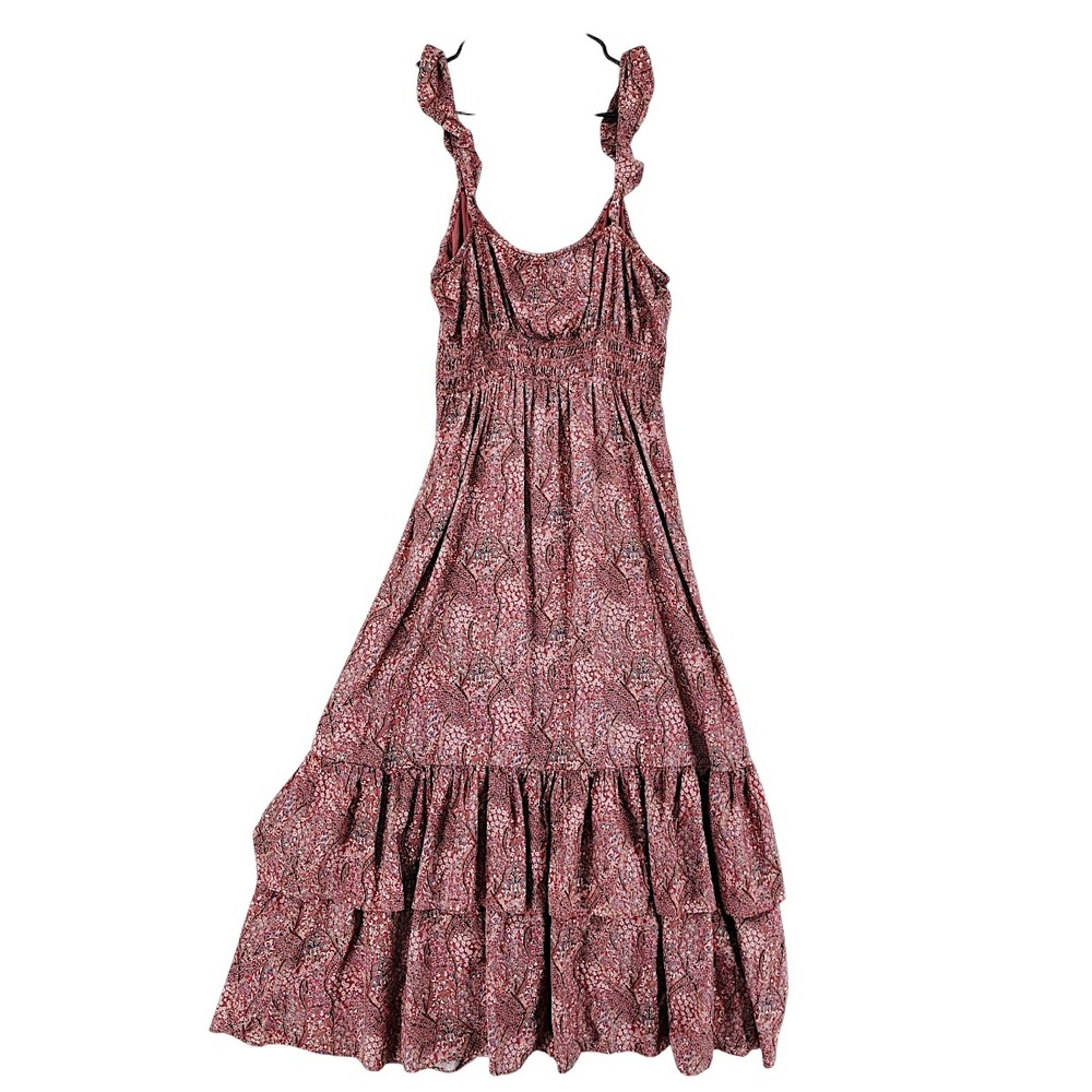 PAIGE Tiered Maxi Dress M Brick Red Multi Floral Smocked Ruffle Festival Prairie - Picture 2 of 13